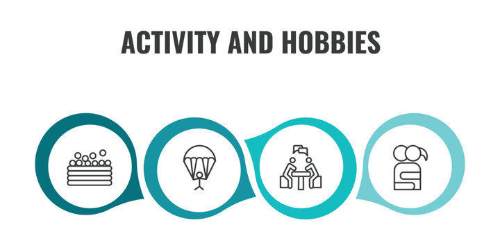 activity and hobbies outline icon set. thin line ball pit, gliding parachutist, meeting with a friend, couple huging icons. editable vector