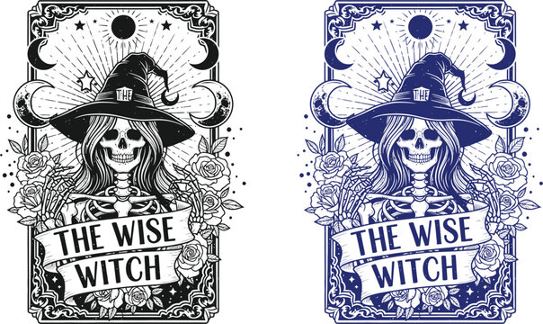 Halloween Tarot Card Illustration with Skeleton Witch