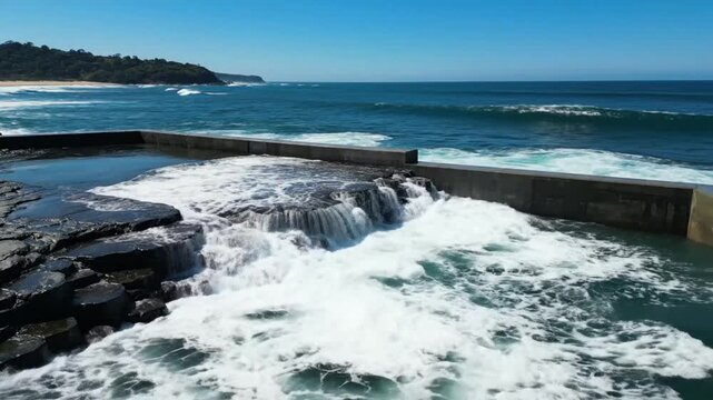 Ocean wave crashing over a manmade rock pool on a sunny coastal day creating waterfalls