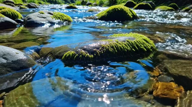 Tranquil river scene showcasing water flowing over rocks covered in vibrant green moss on a bright, sunny day