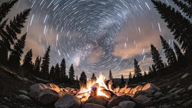 Mesmerizing campfire under a celestial night sky showcasing circular star trails and the beauty of nature