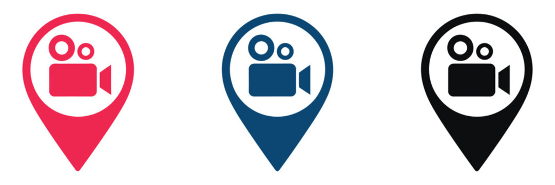 Video camera vector icon featuring map pin label design, thin glyph interface style, mobile app elements, and modern web development graphics