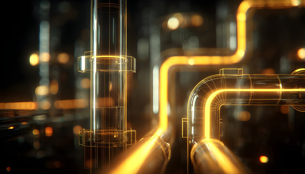 Industrial refinery processing plant animation showing glowing liquid moving through pipelines. Futuristic engineering and energy production concept with wireframe technology