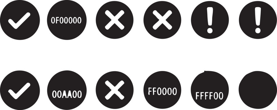 Black and white of check marks crosses exclamation marks and hex color codes