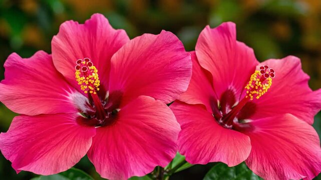 Time-lapse of two vibrant red hibiscus flowers blooming and opening in a garden setting, showcasing natural beauty