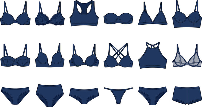 Women underwear and lingerie flat vector template set including different bra and panties styles