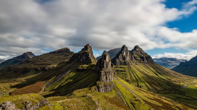 Epic scenic mountain range under a cloudy sky with green slopes and dramatic rock formations in nature