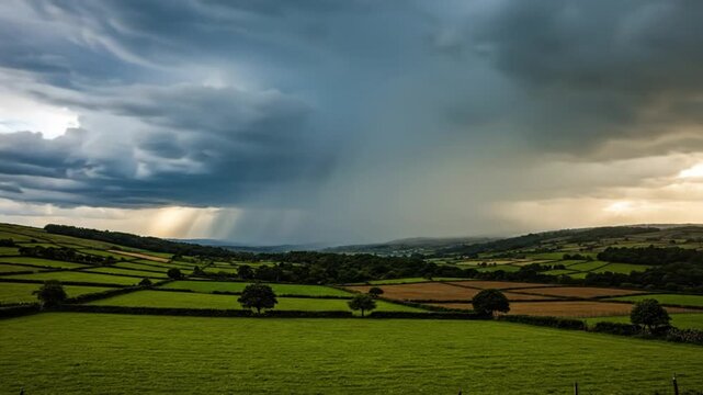 Dramatic landscape with rain storm over green fields, trees and rolling hills in rural countryside during summer afternoon