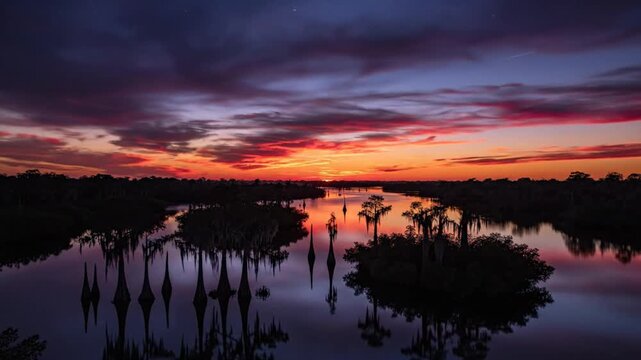 Time-lapse of vibrant sunset over a tranquil swamp landscape with tall trees and reflections in the water