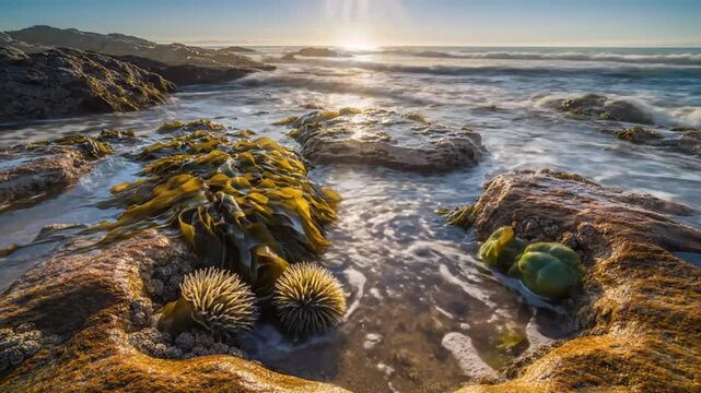 Tranquil coastal scene at sunrise featuring seaweed, tide pools, crabs, and the vast ocean under a clear blue sky