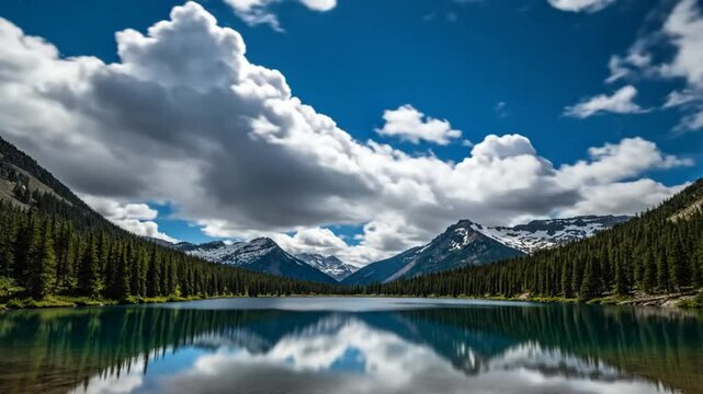 Tranquil mountain lake surrounded by lush green forests reflecting puffy white clouds and a bright blue sky.