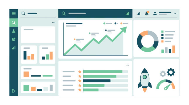 Blurred screenshot of business dashboard with various colorful charts graphs and infographics for data analysis and performance metrics in a digital workspace