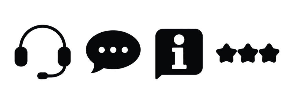 customer support icon set, headset chat rating stars feedback help desk service symbols, customer care and assistance concept, clean minimalist vector illustration on transparent background.