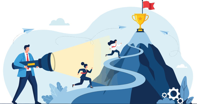 Business leader using flashlight to guide employees running up mountain path toward golden trophy goal vector illustration
