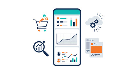 Fototapeta premium Mobile phone with various business and finance icons representing data analysis online shopping and digital marketing strategy on a single device for efficient workflow.