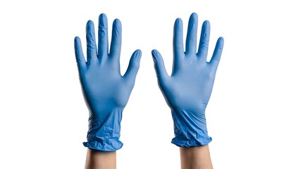 Fototapeta premium Pair of hands wearing blue nitrile medical gloves With shadow. AI GENERATED.