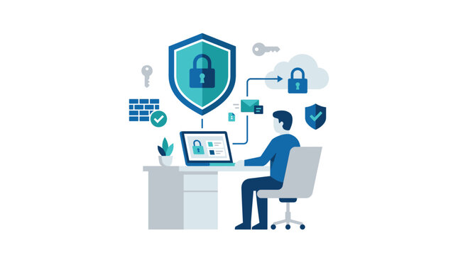 Cybersecurity concept with a person working on a computer surrounded by security symbols like shields locks and keys representing data protection and online safety measures.