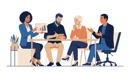 Obraz premium Diverse group of business professionals engaged in a meeting around a table discussing and reviewing documents in a collaborative workspace setting.