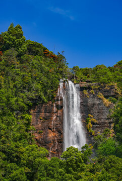 Scenic sunny landscape of Lover's Leap waterfall in Nuwara Eliya, Sri Lanka, Asia	