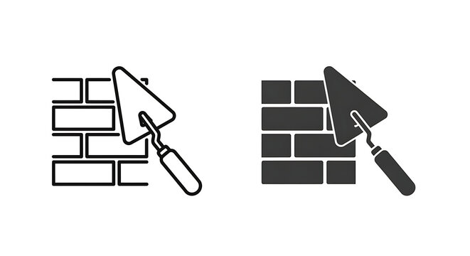 Brick wall and masonry trowel building icon in both outline and solid glyph styles with construction work white background building construction architecture bricklayer handyman engineering