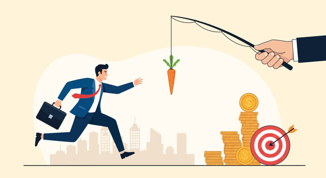 Businessman running after a carrot on a fishing rod representing corporate motivation and unattainable financial goals vector