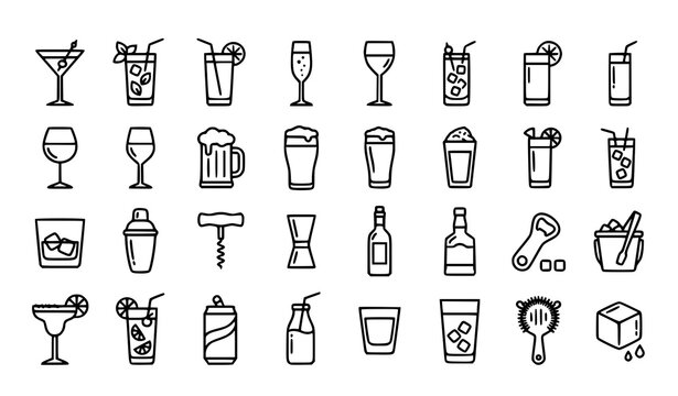 Cocktail mocktail wine and beer icons vector set transparent background