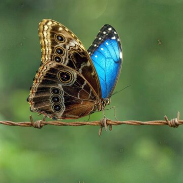 A vibrant common morpho butterfly with striking blue and brown wings rests gracefully on a piece of barbed wire, its intricate patterns standing out against a soft, blurred green backdrop