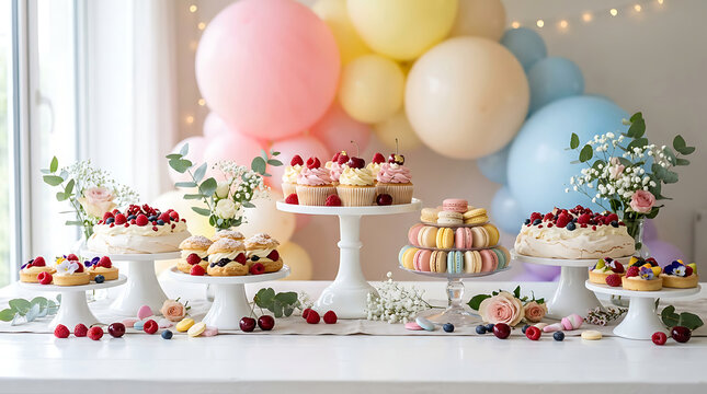 Elegant dessert table setup with assorted sweet treats for celebration and joyful party.