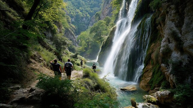 Hikers walking on a trail next to a massive waterfall in a rocky canyon. Group of backpackers exploring a lush green mountain valley. Active outdoor adventure concept