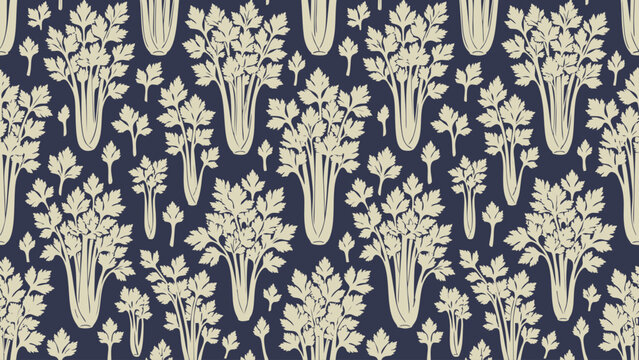 Stylized celery stalks and leaves in a repeating pattern on a dark background.