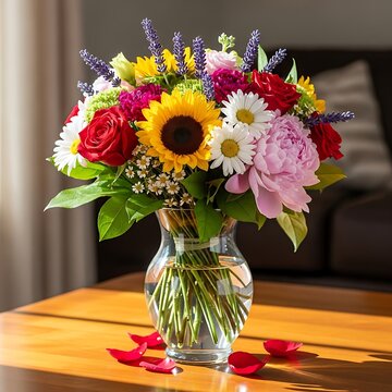 Vibrant bouquet of assorted flowers in a clear glass vase on a wooden table