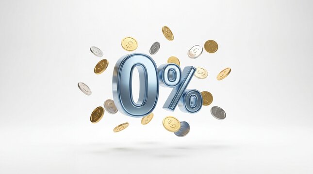 3D zero percent symbol surrounded by floating gold and silver coins on a clean white background. Financial concept representing zero interest rate