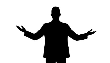 Businessman silhouette stands with arms outstretched as a welcoming gesture on white background. © RanaMuhammad