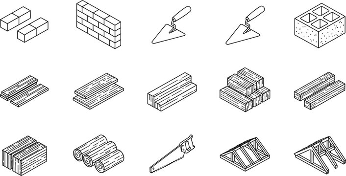 Construction and building materials isometric icon set featuring bricks wood planks tools and structural framing elements vector