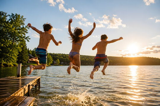 Children jumping off dock into lake at sunset