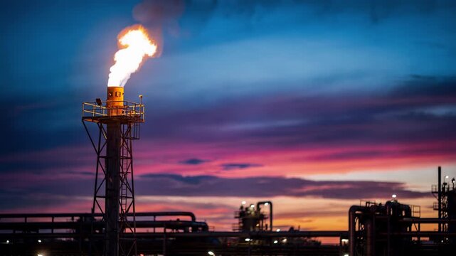 Medium shot of a flare stack burning off crude byproduct gases against a vibrant dusk sky highlighting industrial energy production with a warm glowing flame
