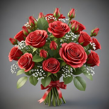 Vibrant bouquet of deep red roses with delicate white filler flowers, tied with a satin bow