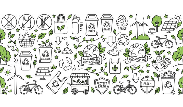 Zero waste seamless border pattern with no plastic reduce reuse recycle and sustainable living icons