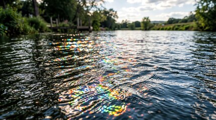 Fototapeta premium light refraction effects, colorful rainbow reflections dance on a tranquil water surface under sunlight