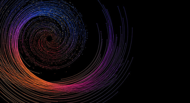 Abstract swirling vortex of colorful light particles on a dark black background with gradient colors abstract particles colorful gradient movement universe