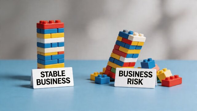 A colorful Lego tower representing stable business and another tower representing business risk on a blue surface, symbolizing assessment and risk management in finance and economy.