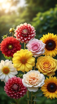 Vibrant bouquet of diverse flowers, sunlight illuminating petals, soft green foliage background
