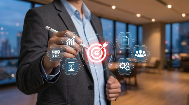 strategic business goal setting interface showing digital target icon selection for performance planning and management dashboard development aimed at optimizing corporate success and efficient workfl