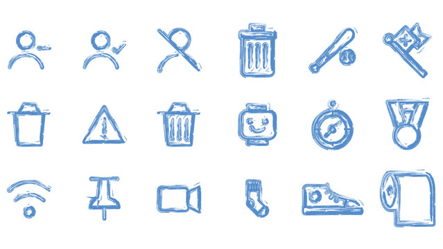 Hand drawn doodle icons collection with trash can baseball bat wifi pin and footwear illustrations.