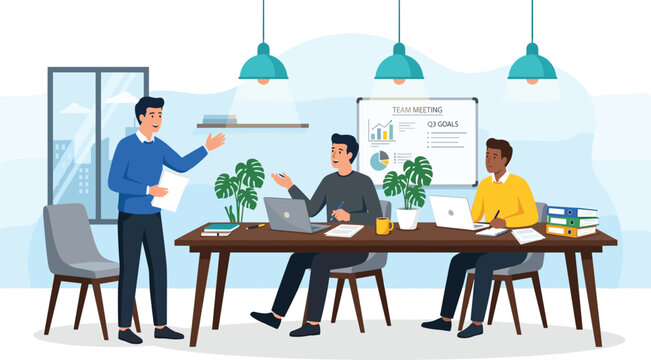 Flat Style Team Business Meeting Scene with Diverse Professionals Discussing Goals and Charts in Modern Office for Corporate Design Projects