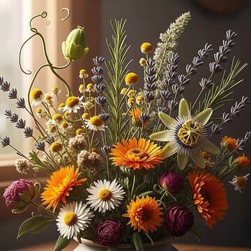 Vibrant bouquet of diverse wildflowers, herbs, and a passionflower in a vase