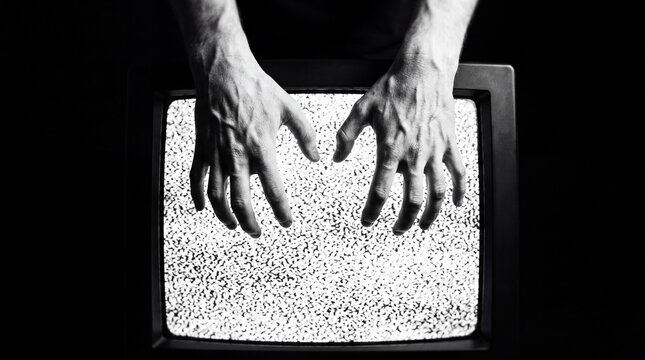 Two veiny, tense hands hover over a glowing vintage television screen filled with sharp static noise. The stark contrast evokes a haunting feeling of isolation and technophobia.