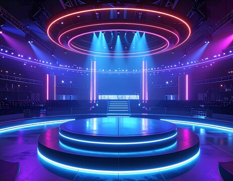 A futuristic stage with blue and pink neon lights in a large empty auditorium