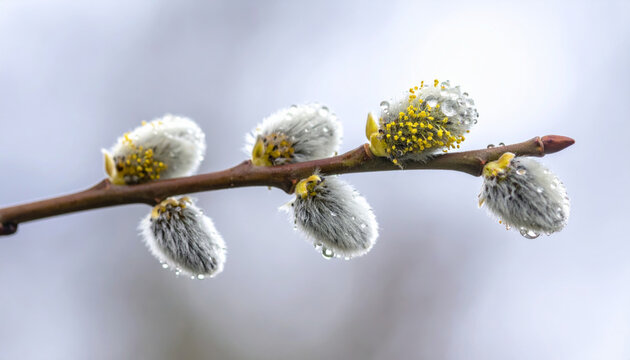 Close up of fluffy willow catkin branch with water droplets, spring nature, soft focus