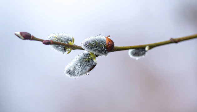 Fluffy willow catkin branch close up with water drop, spring nature, soft focus, peaceful mood
